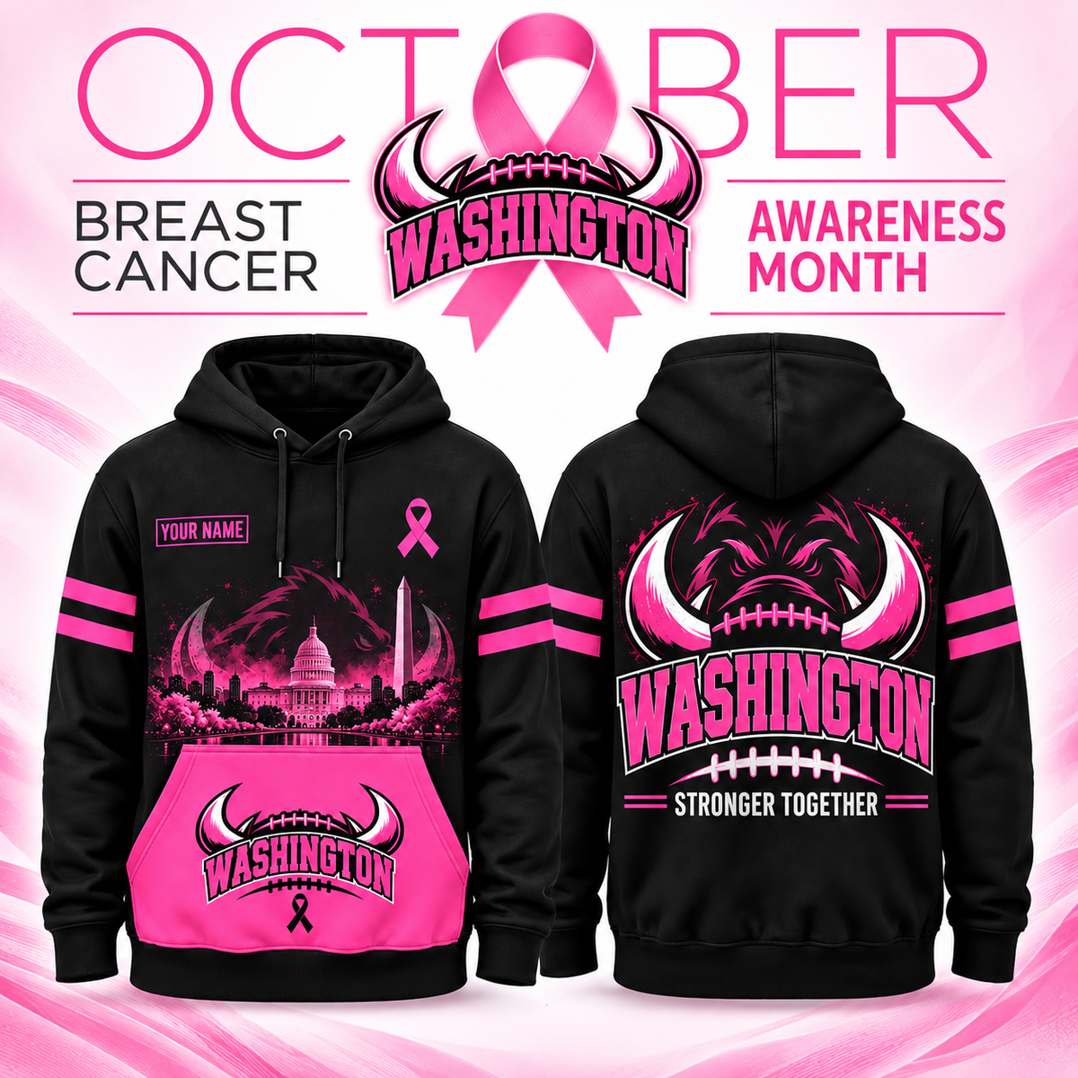 Personalized Football Team Spirit Breast Cancer Awareness Stronger Together Hoodie
