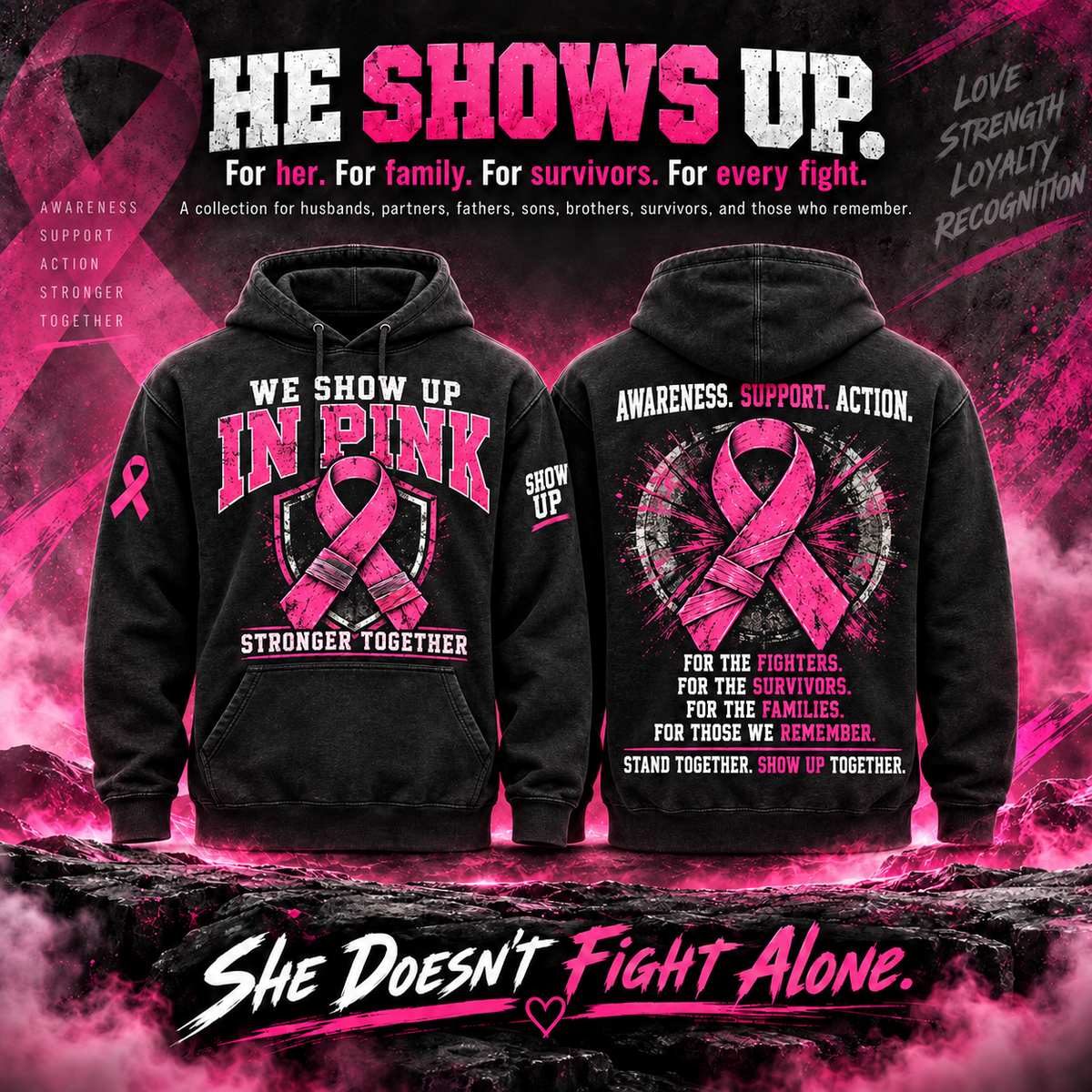 Men Stand Together Breast Cancer Awareness Hoodie – Style 03: We Show Up In Pink
