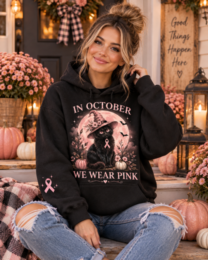 In October We Wear Pink Black Cat Witch Halloween Breast Cancer Awareness Hoodie