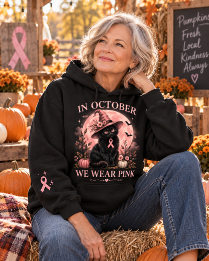 In October We Wear Pink Black Cat Witch Halloween Breast Cancer Awareness Hoodie