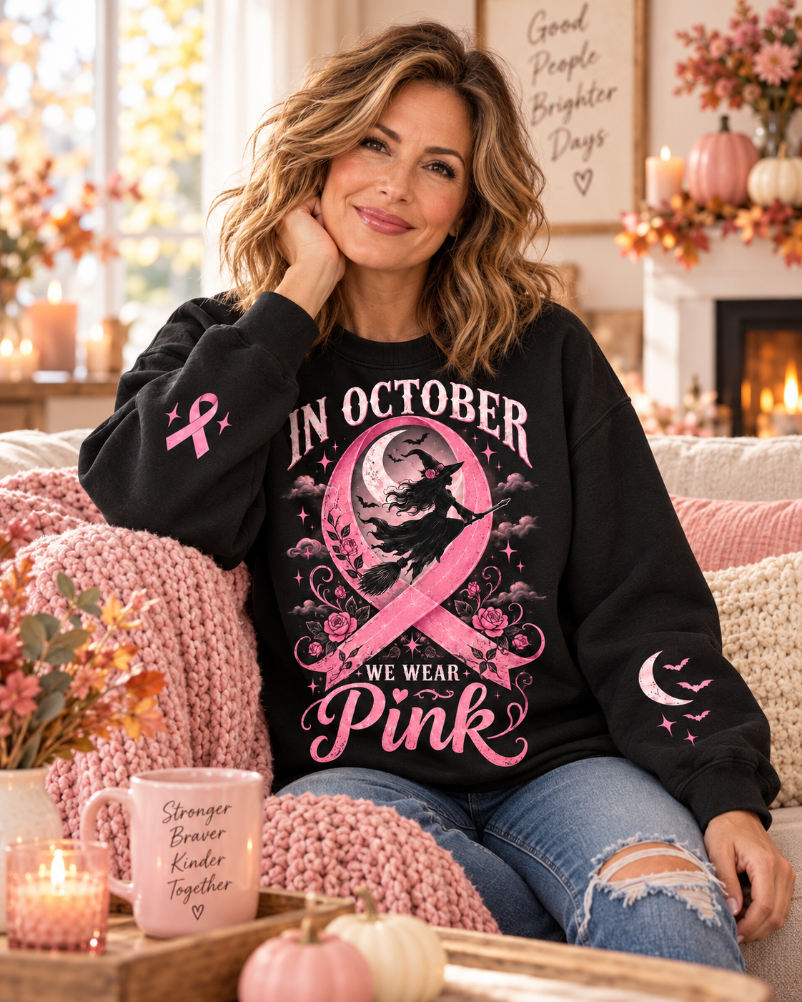 In October We Wear Pink Witch Halloween Breast Cancer Awareness Sweatshirt