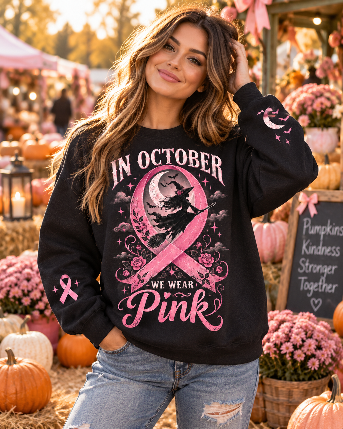 In October We Wear Pink Witch Halloween Breast Cancer Awareness Sweatshirt