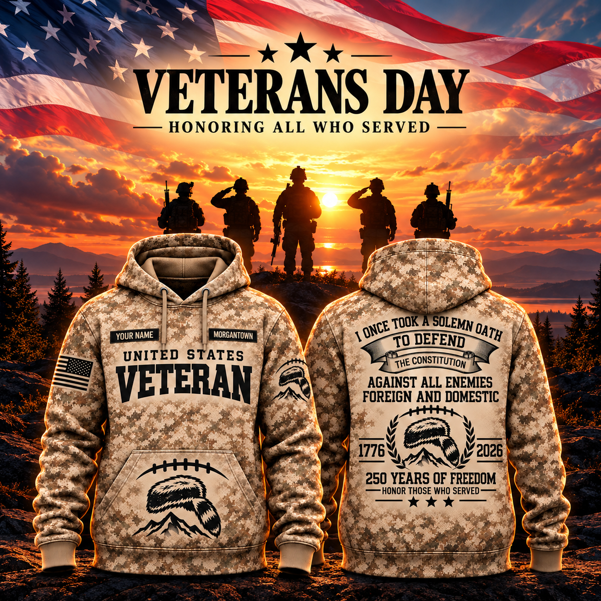 Personalized United States Veteran College Football 250 Years of Freedom Camo Hoodie