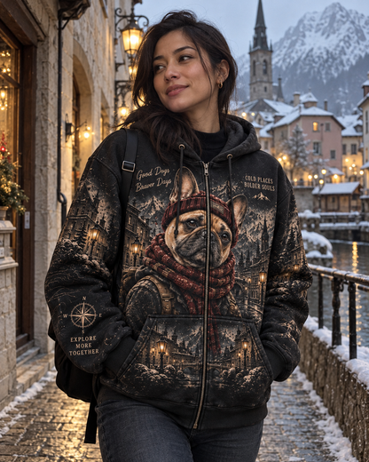 Vintage French Bulldog Winter Adventure Graphic Sweatshirt