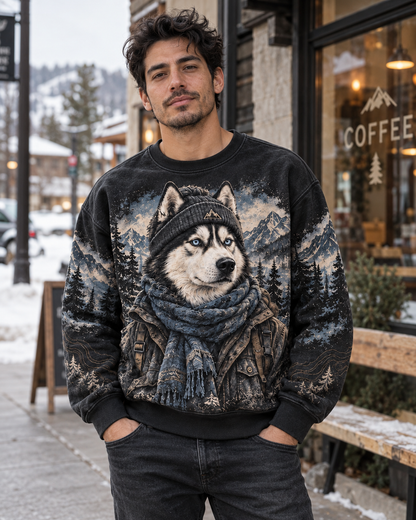 Vintage Siberian Husky Mountain Adventure Graphic Sweatshirt