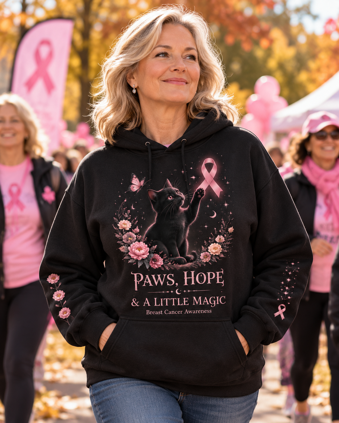 Paws Hope & A Little Magic Black Cat Breast Cancer Awareness Hoodie