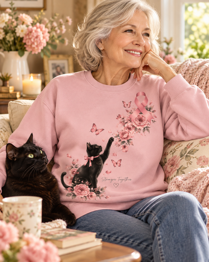 Stronger Together Black Cat Pink Ribbon Breast Cancer Awareness Sweatshirt