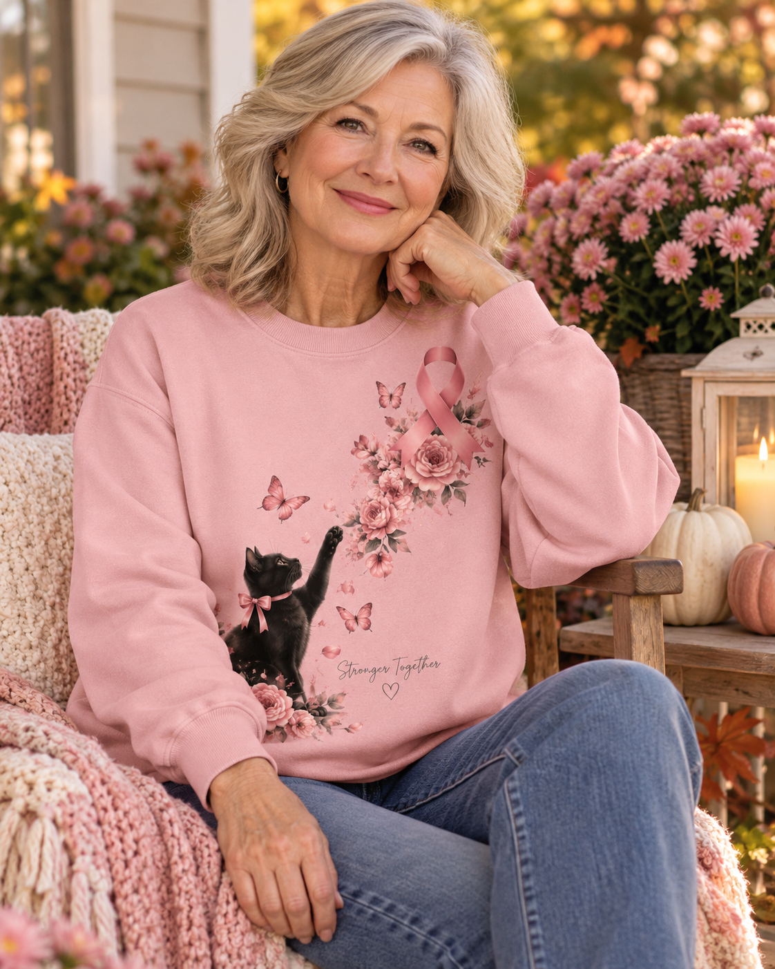 Stronger Together Black Cat Pink Ribbon Breast Cancer Awareness Sweatshirt