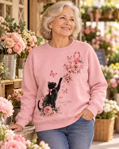 Stronger Together Black Cat Pink Ribbon Breast Cancer Awareness Sweatshirt